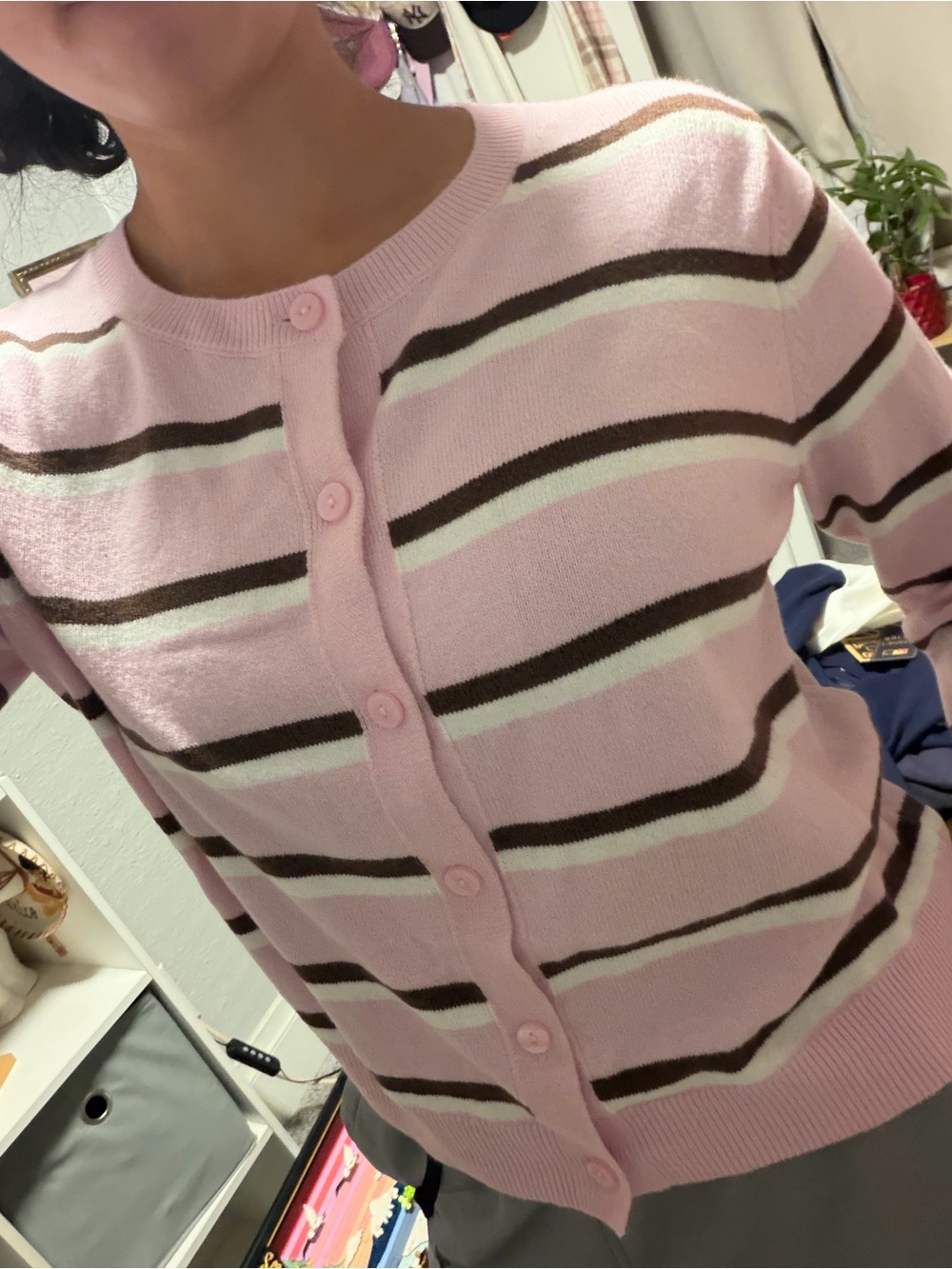 GAP Pink Striped Button-Up Cardigan with Brown and Cream Bands